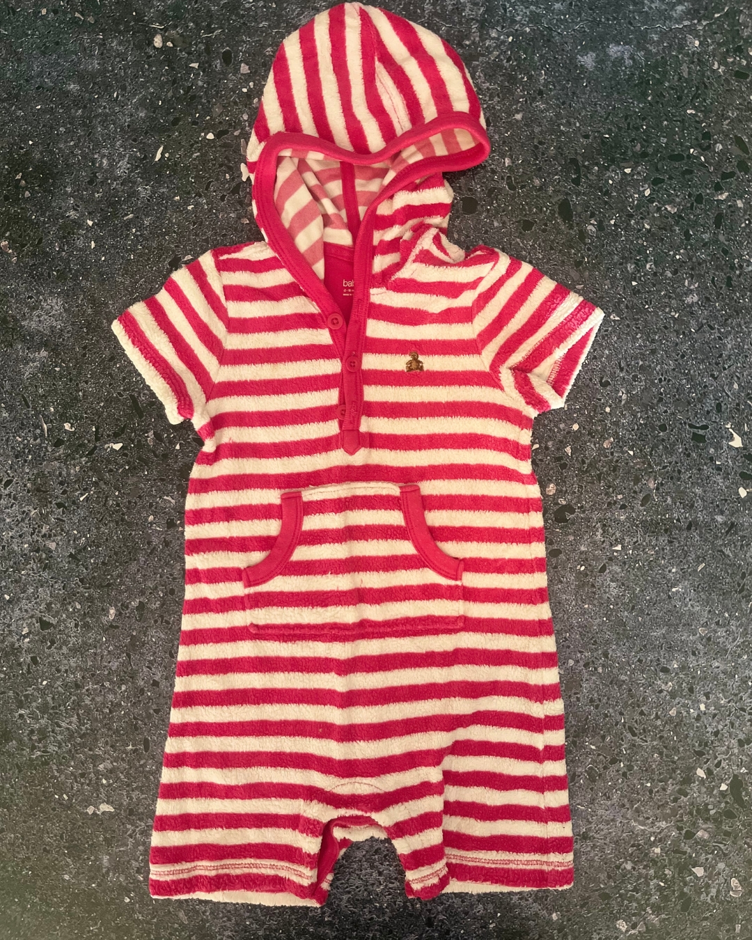 Gap pink and white striped hooded towelling romper 12/18M