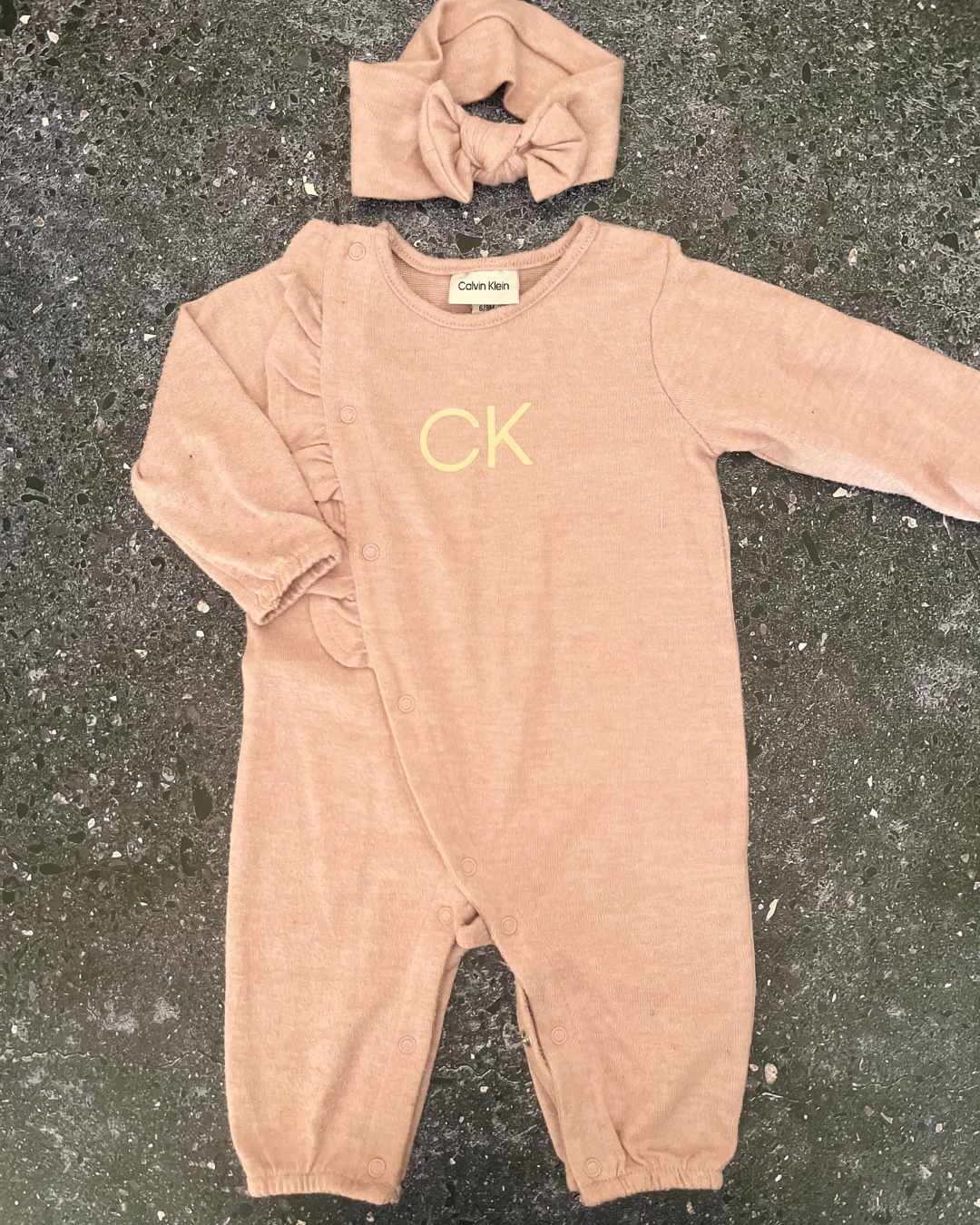 Calvin Klein pink onesie and headband 6/9M