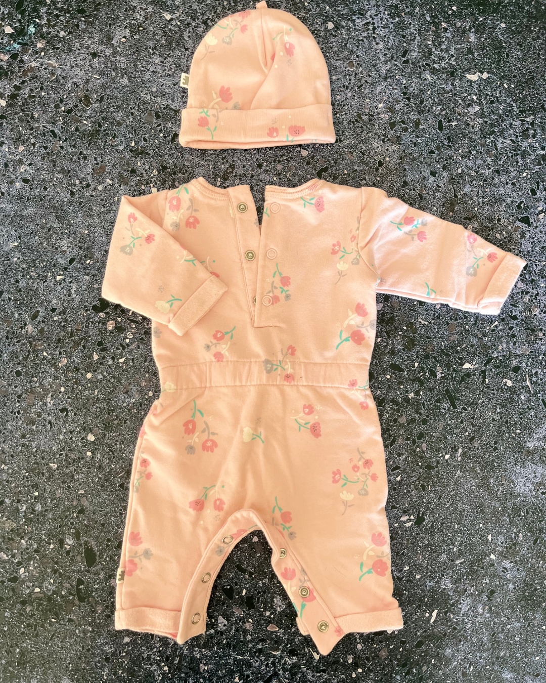 Woolworths pink floral romper and beanie Newborn
