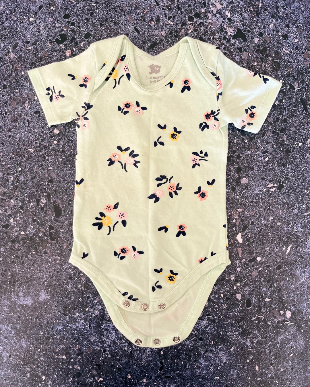 Woolworths green floral baby grow 3/6M