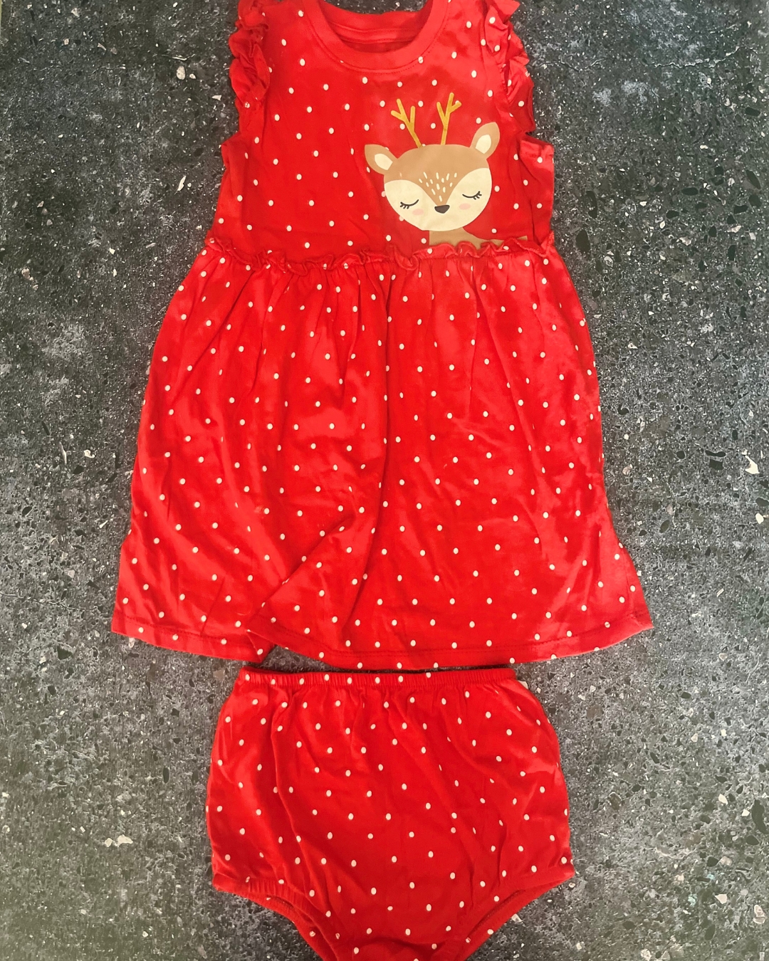 Woolworths red polka dot reindeer dress and bloomer 18/24M