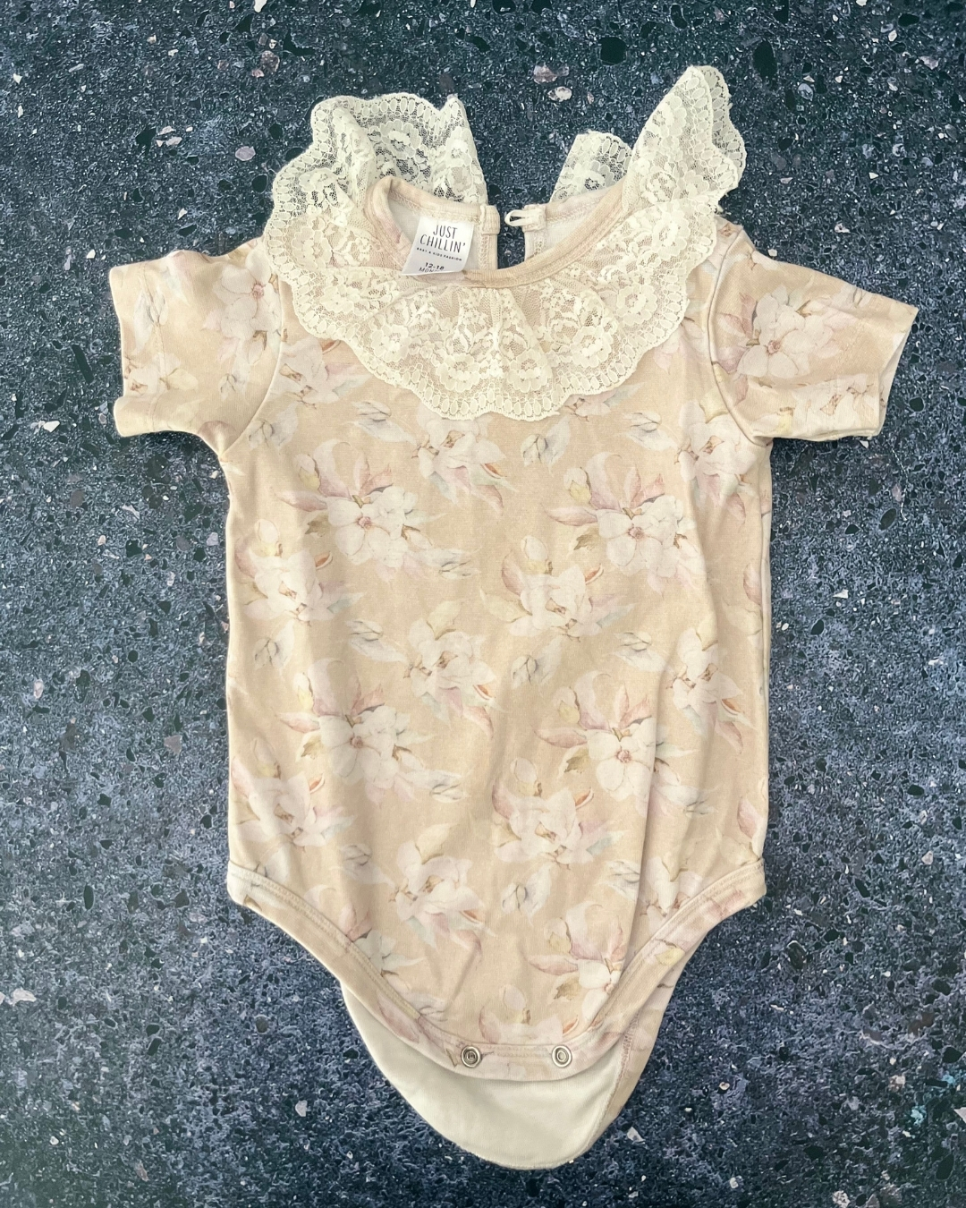 Just Chillin beige floral baby grow 12/18M
