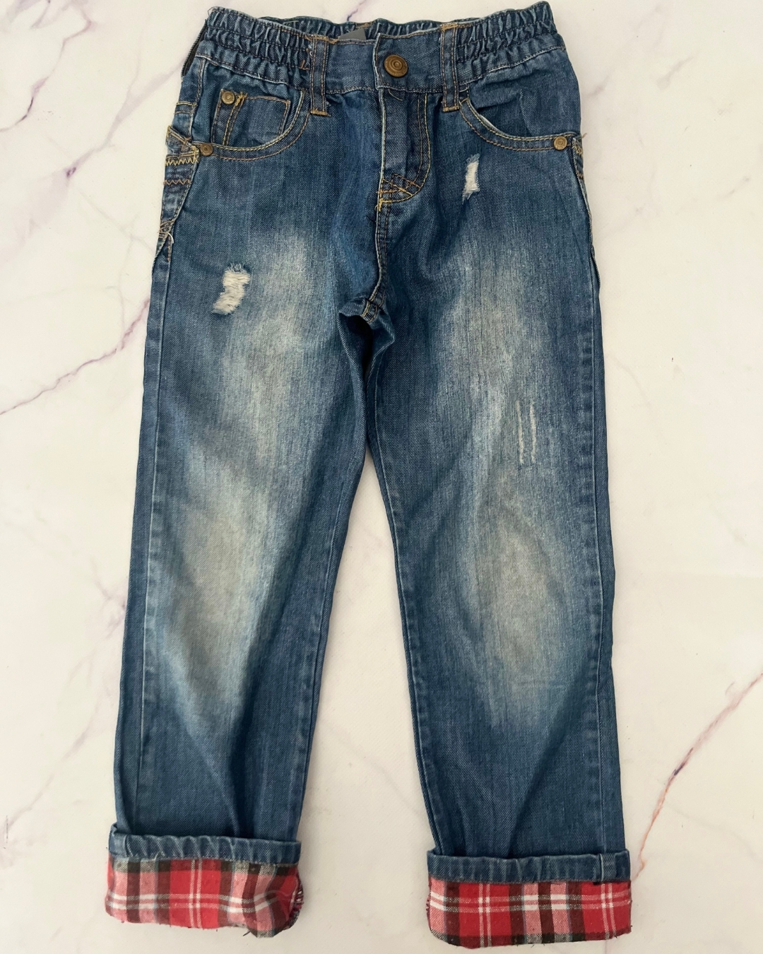Zara blue jeans with tartan turnups 3/4Y