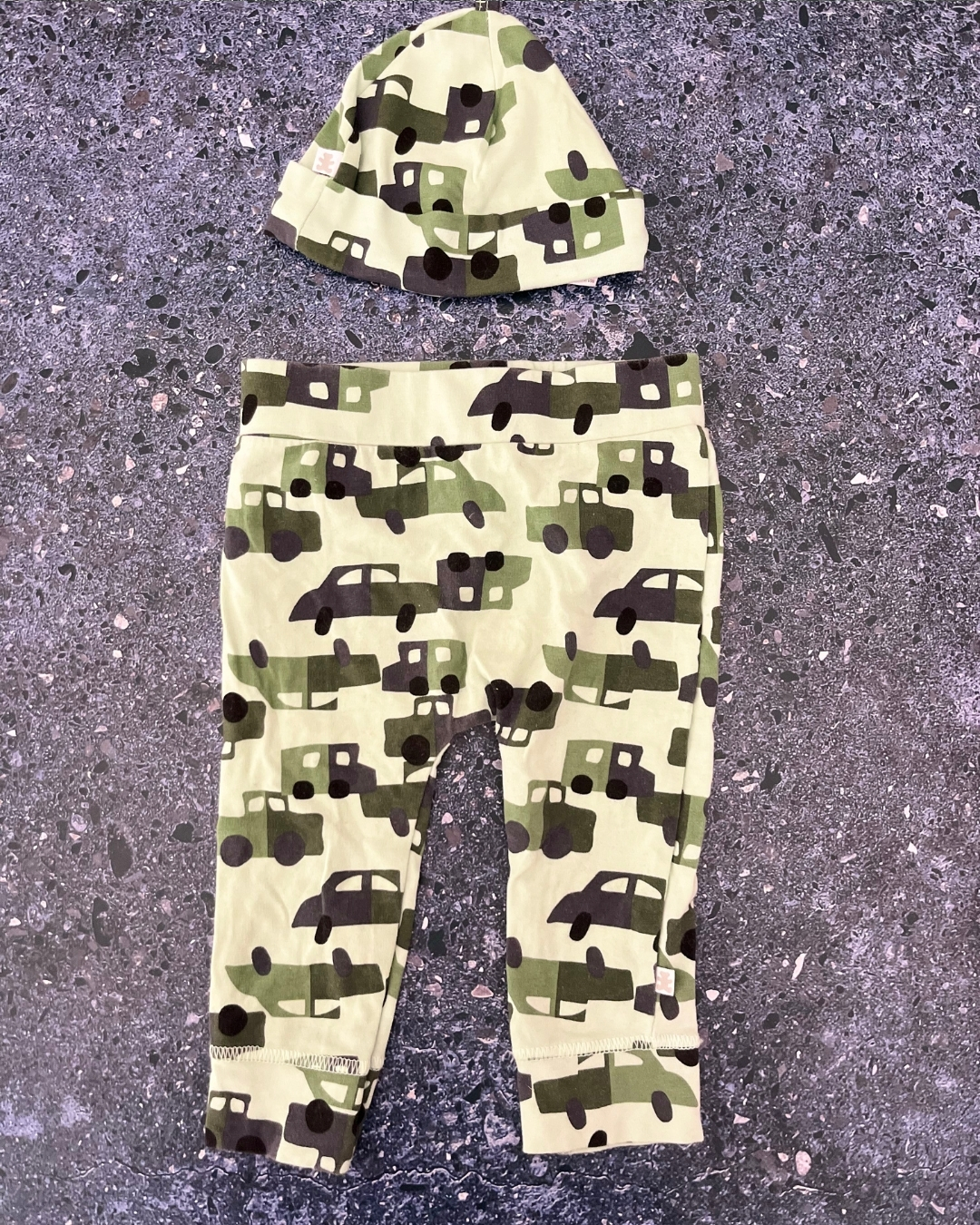 Woolworths green cars pants and beanie 6/12M