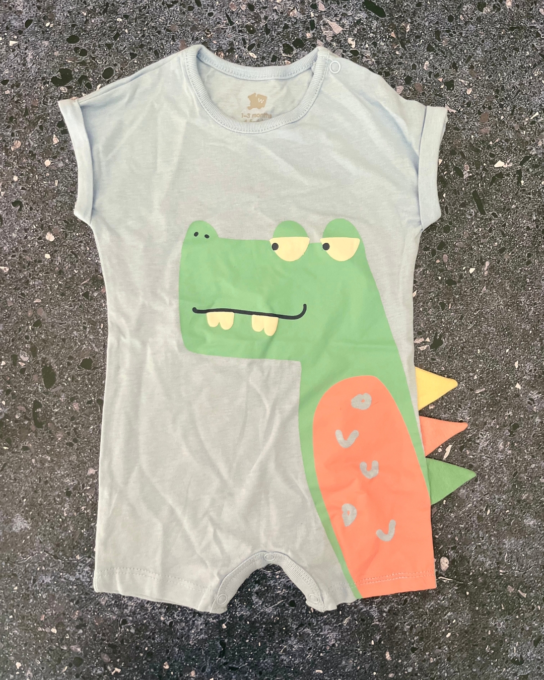 Woolworths blue dinosaur romper 1/3M