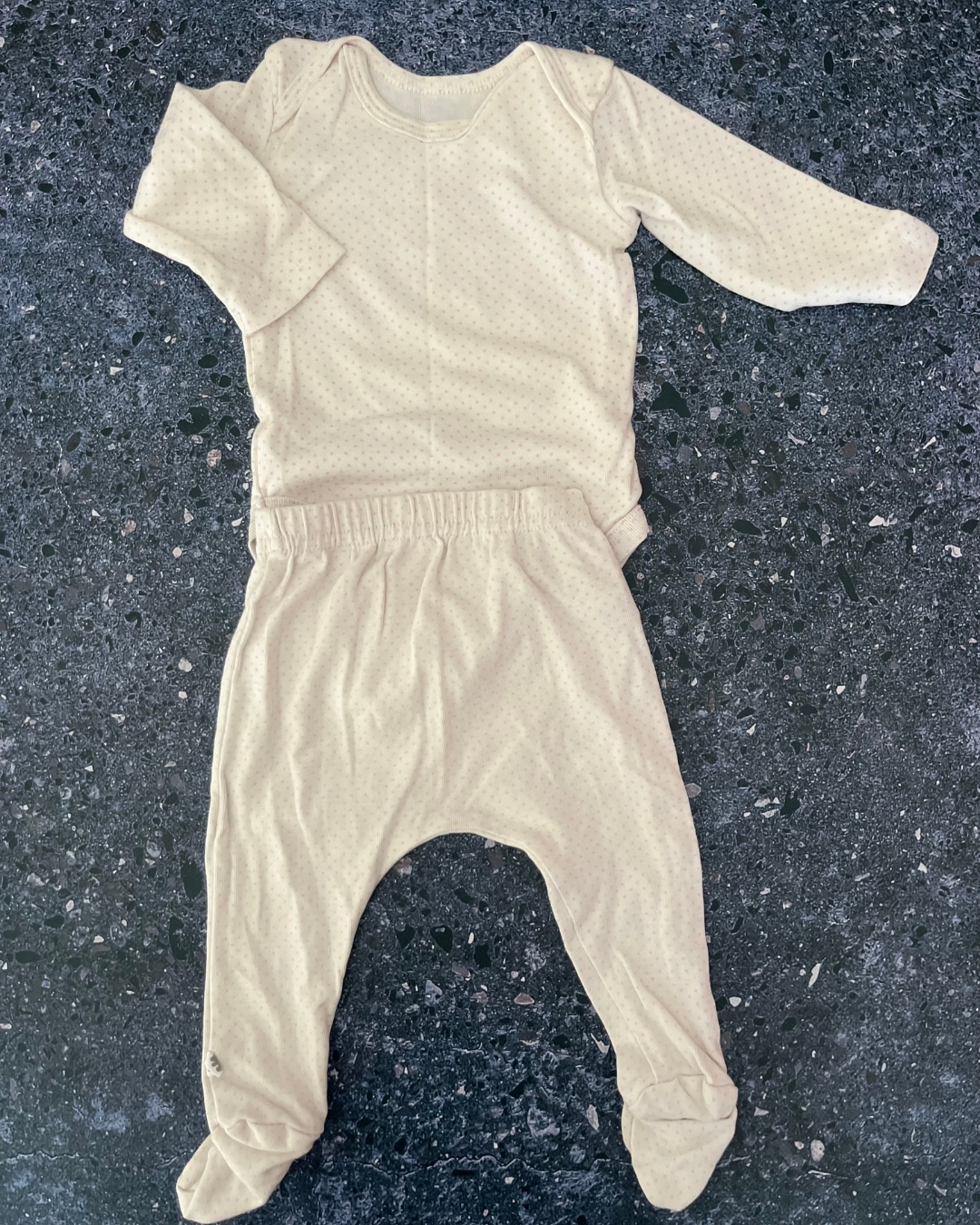 Woolworths white polka dot baby grow and pants 1/3M