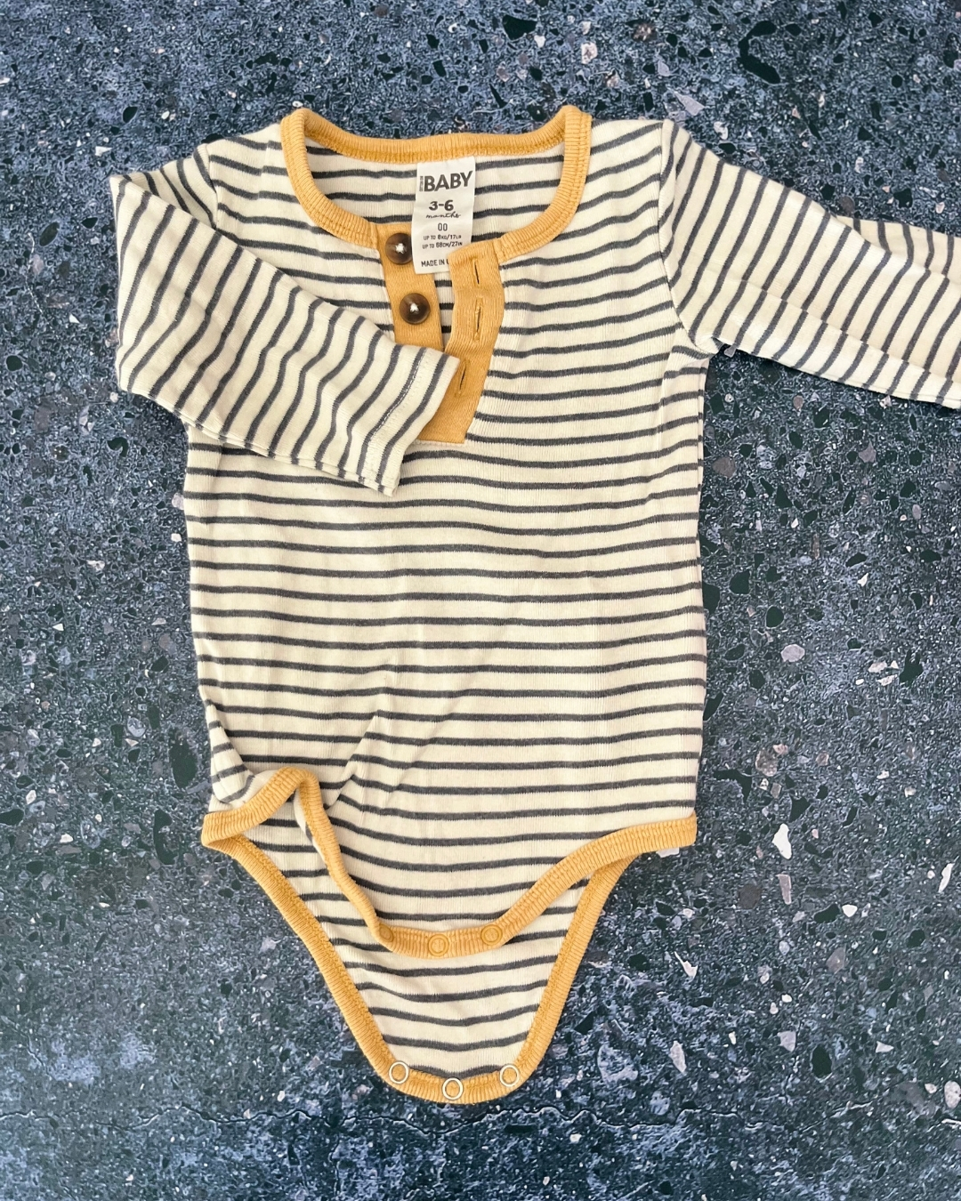 Cotton On blue and white striped baby grow with yellow trim 3/6M