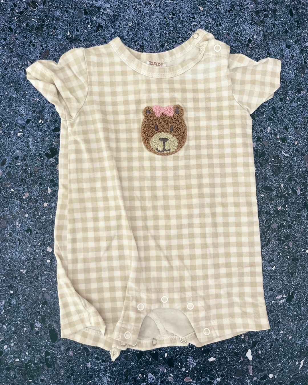 Cotton On brown checked bear romper 3/6M