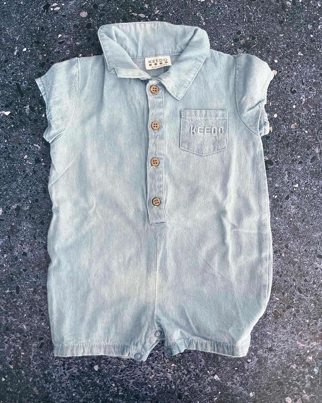 Keedo blue denim romper 3/6M