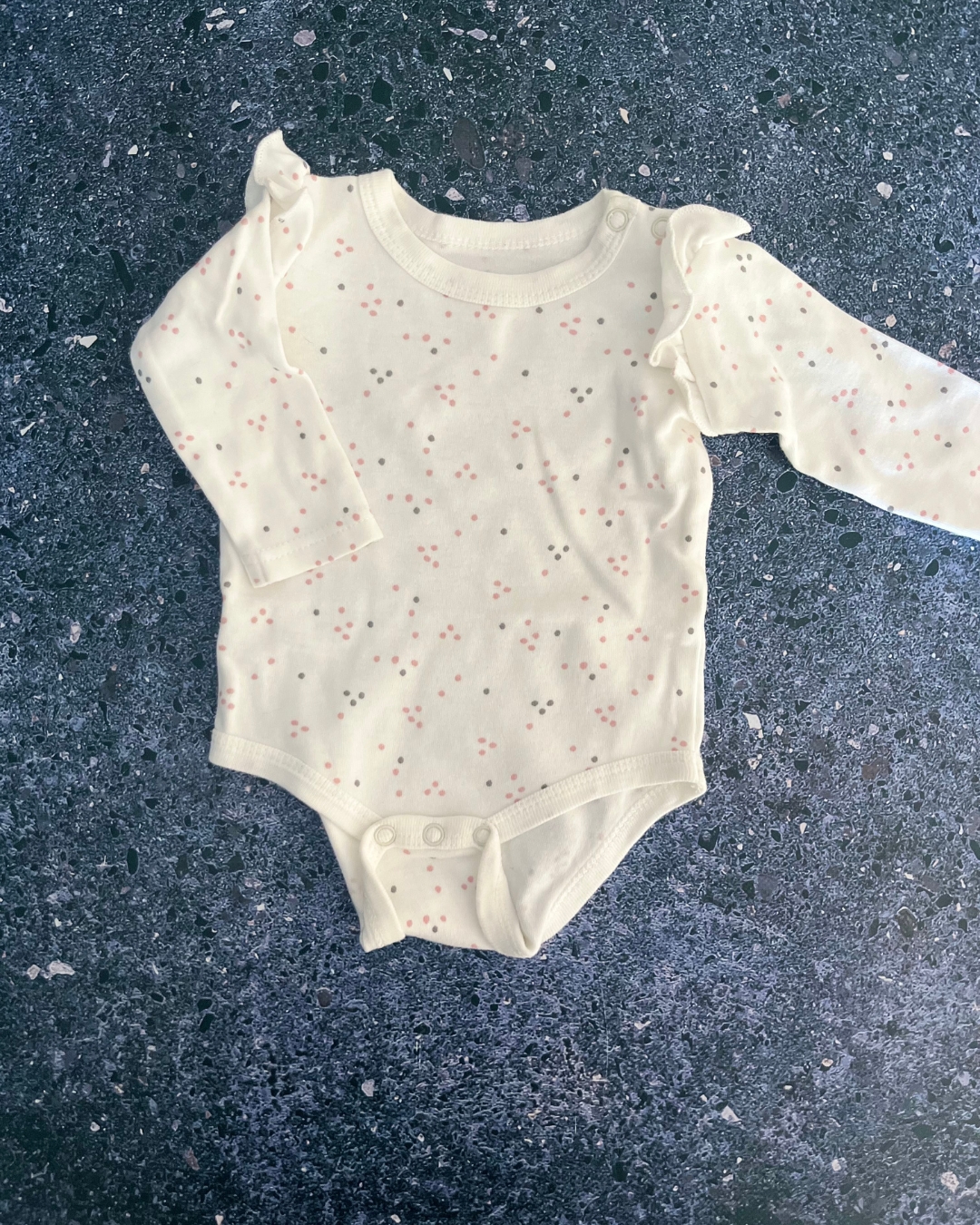 Woolworths white polka dot long sleeve baby grow 1/3M