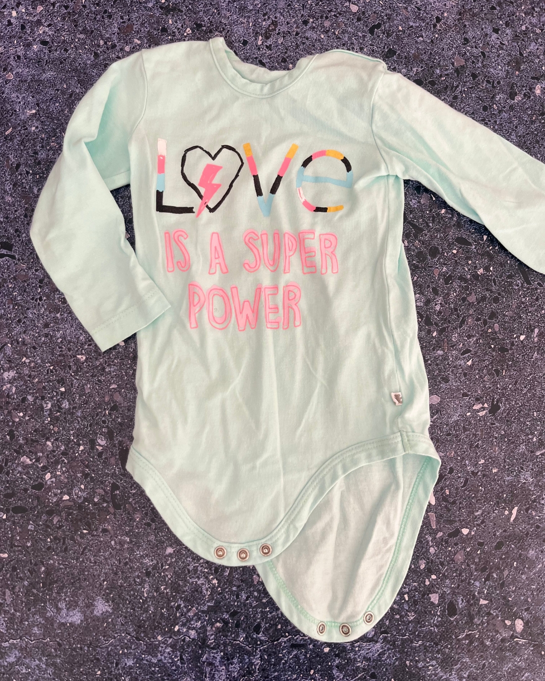 Woolworths turquoise Love is a Super Power baby grow 12/18M