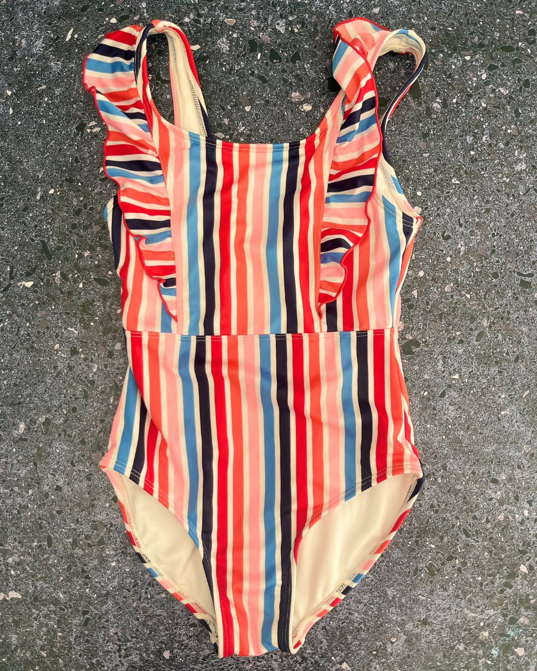 Cat & Jack pink, orange, red and blue striped swimming costume 8Y