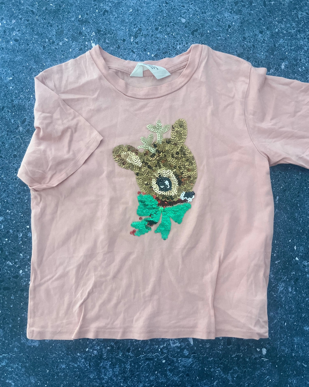 H&M peach sequin bear T-shirt 5/6Y