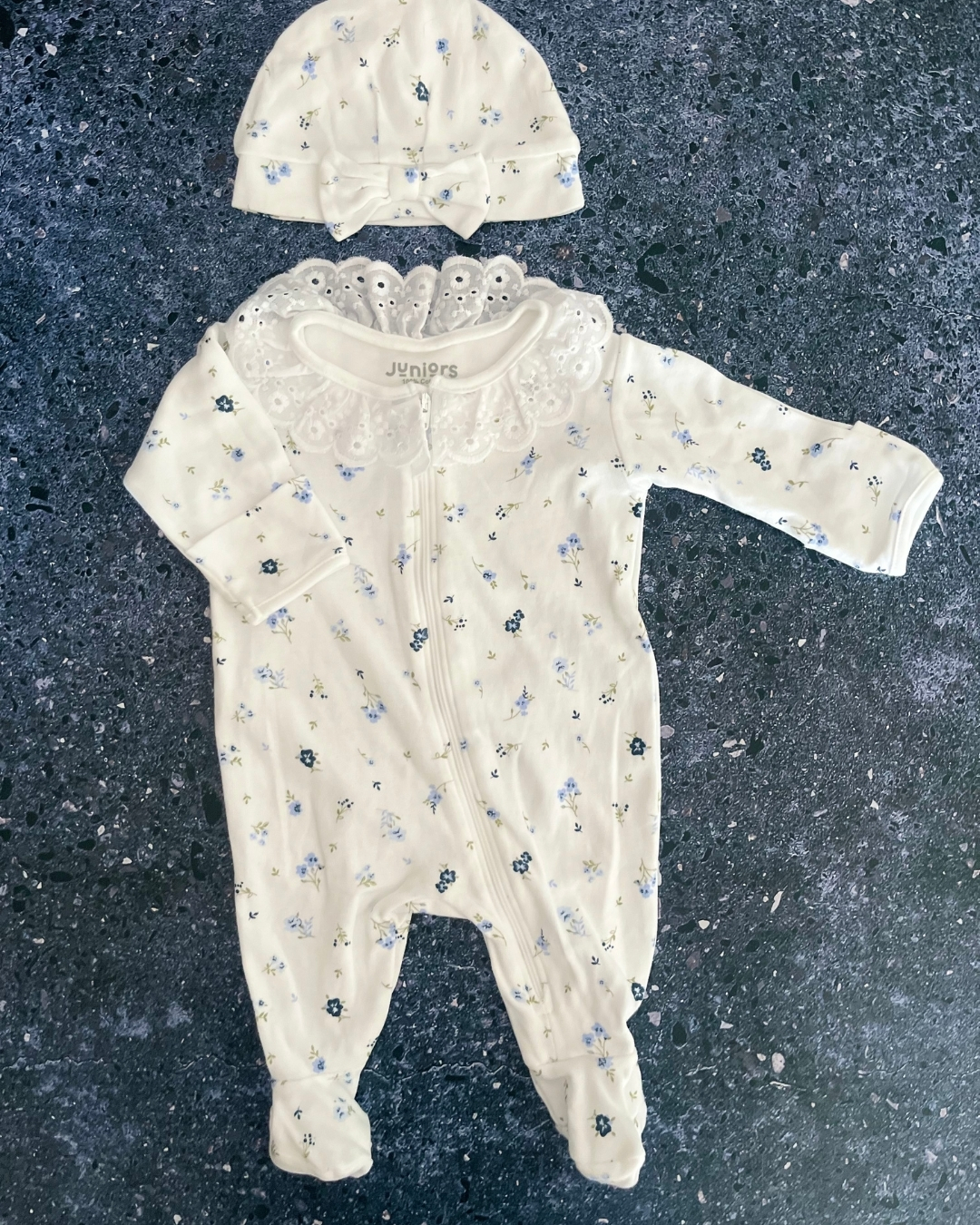 Juniors white frilly blue flowers onesie and beanie Newborn