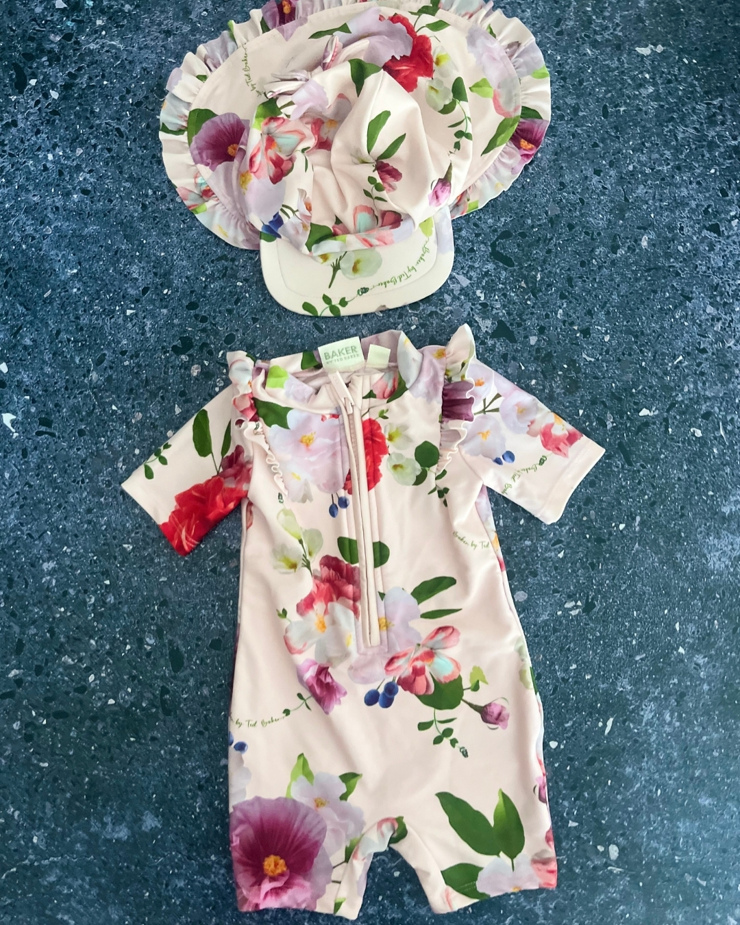 Ted Baker pink floral swimming costume and hat 3/6M