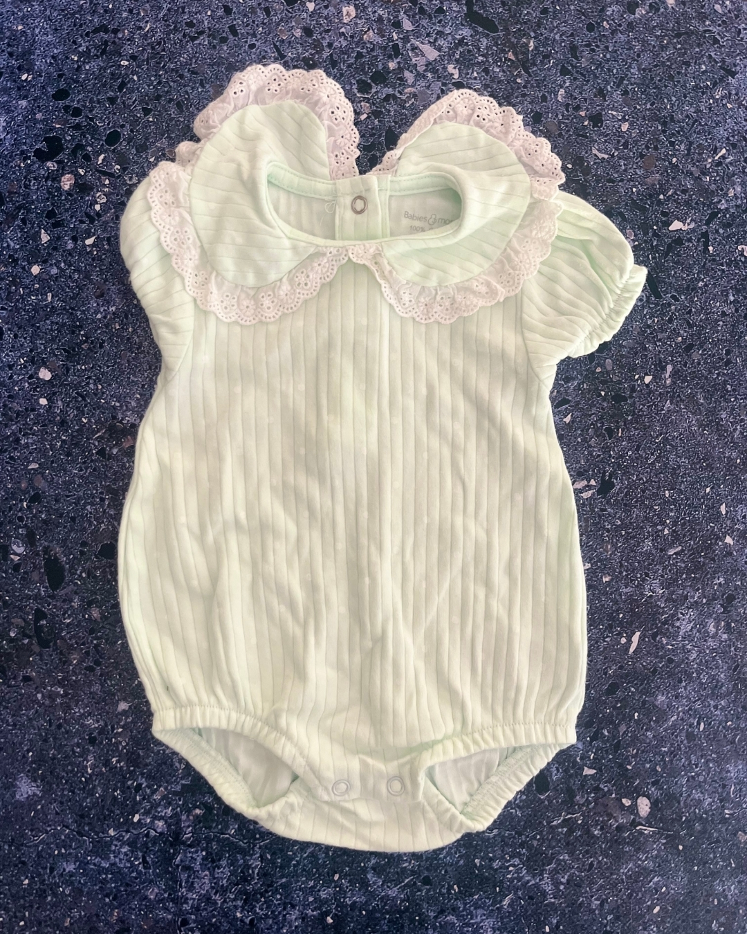 Babies & More green ribbed and blue polka dot baby grow 3/6M