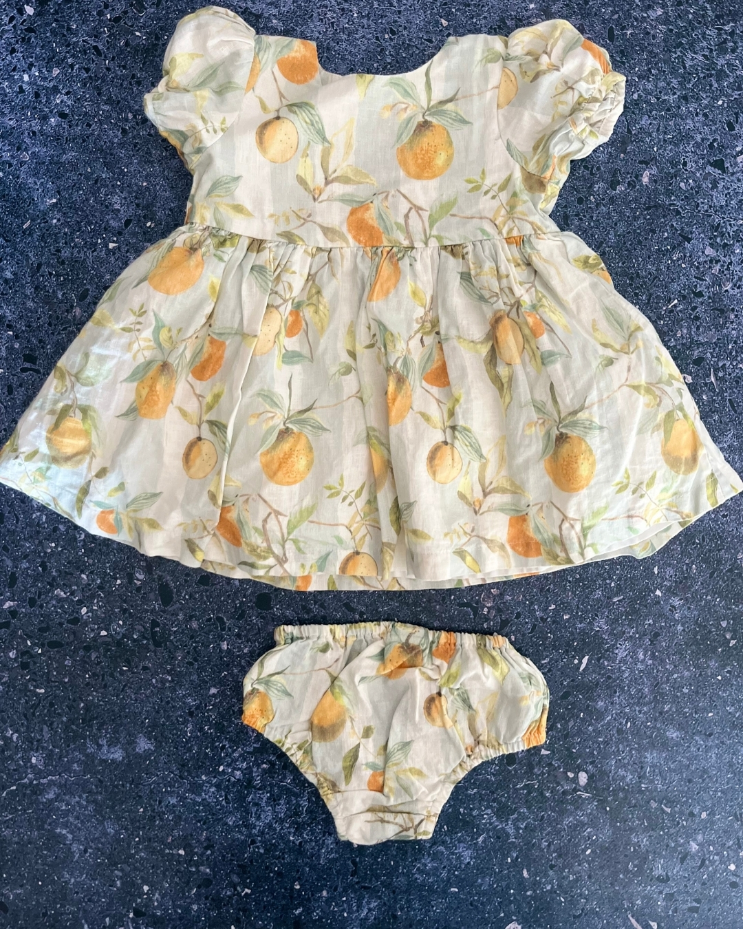 Next green striped orchard dress and bloomer 3/6M