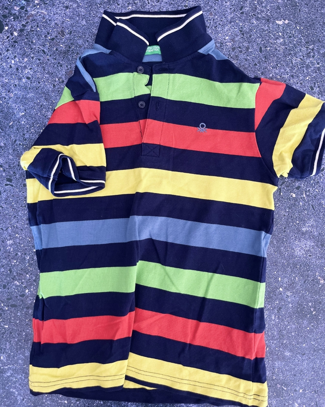 United Colors of Benetton blue, yellow, red and green striped golfer 11/12Y