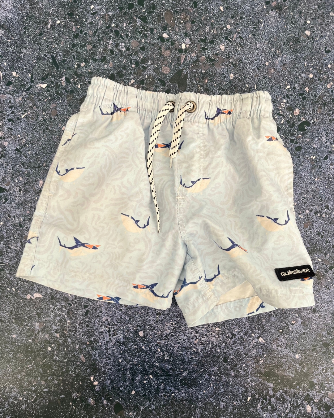 Quicksilver blue sharks board shorts 6/7Y