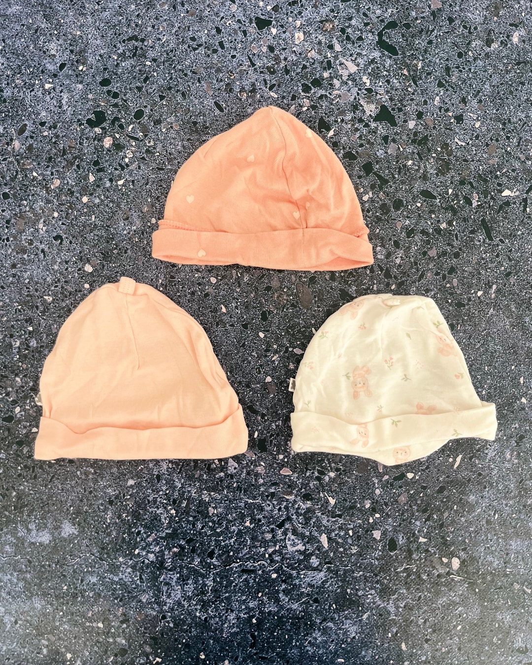 Woolworths pink, pink hearts and white bunny beanie set 3/6M